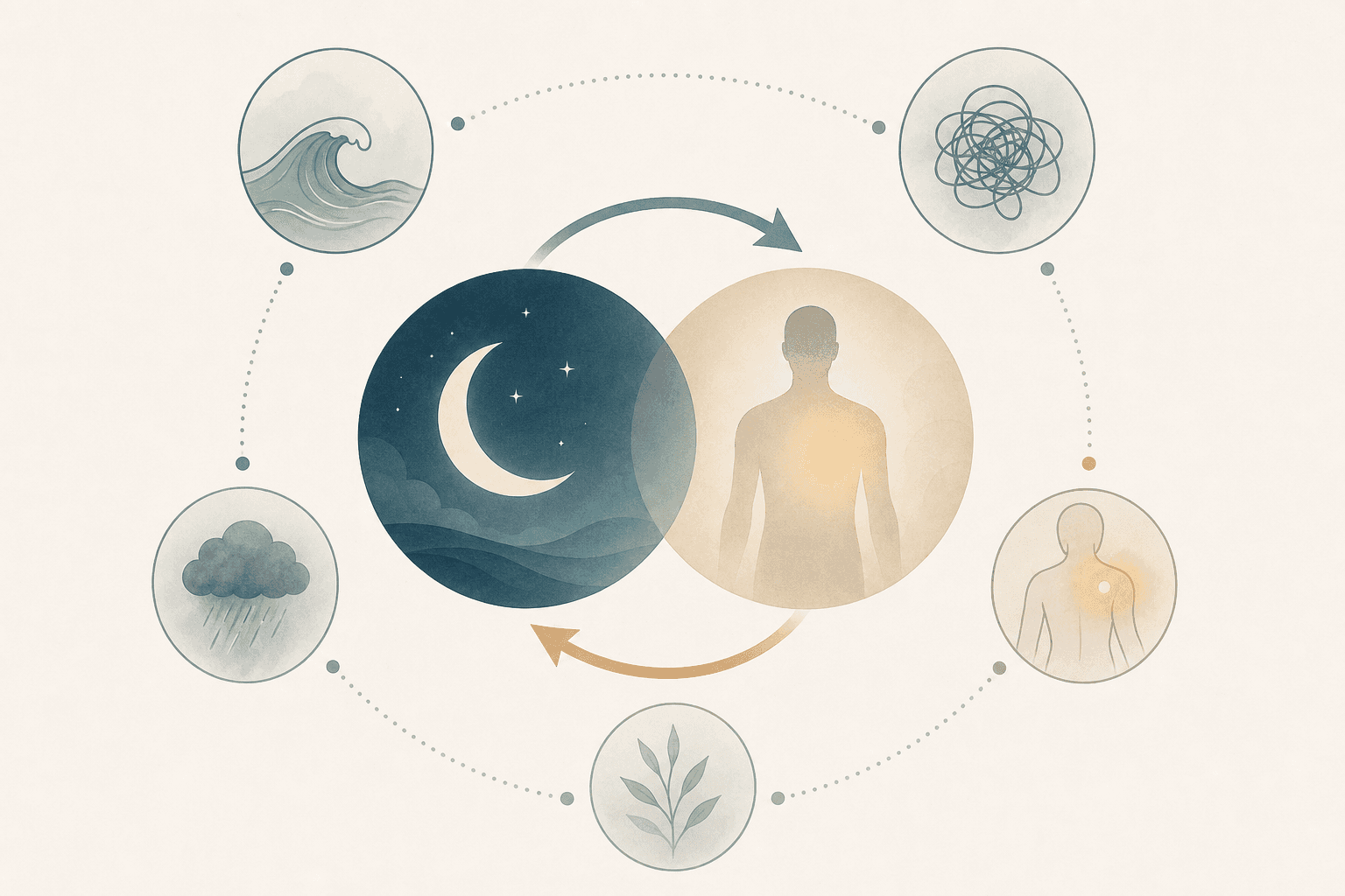 Diagram showing bidirectional arrows between sleep and comorbid conditions including chronic pain, depression, anxiety, and perimenopause