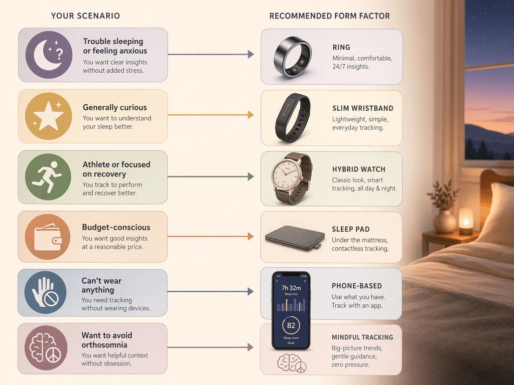 Decision-flow illustration matching sleep tracker user scenarios to ring, wristband, hybrid watch, under-mattress pad, and phone app options