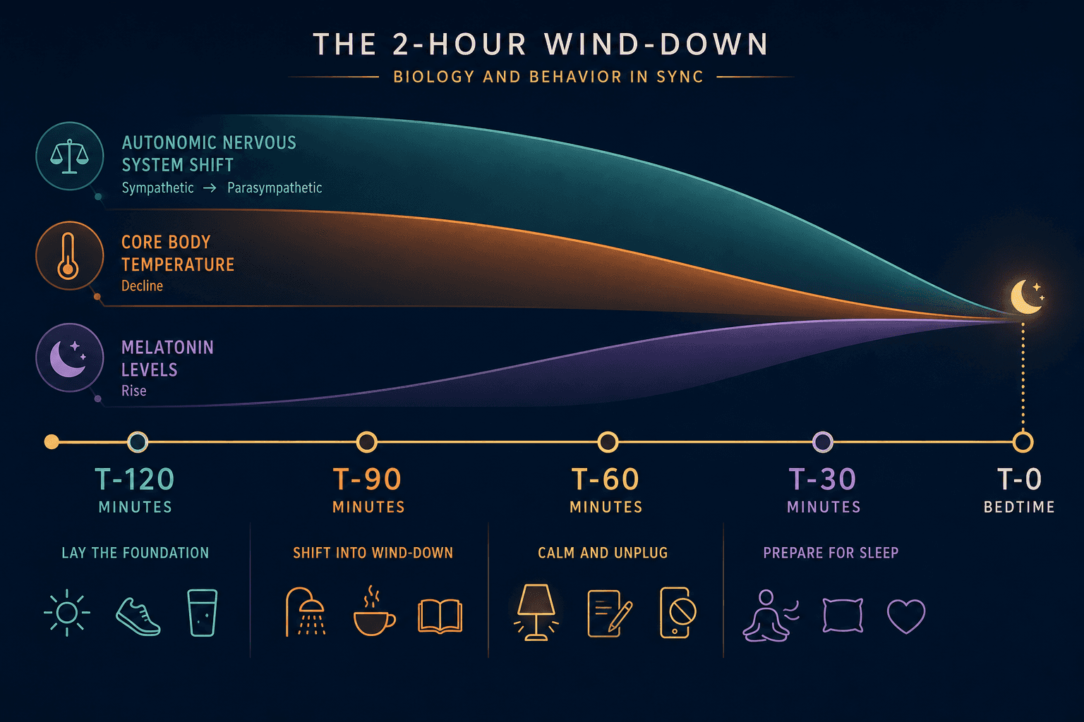 A horizontal timeline diagram showing four phases from T-120 to bedtime, with overlapping bands representing autonomic shift, core temperature decline, and melatonin rise converging at sleep onset.