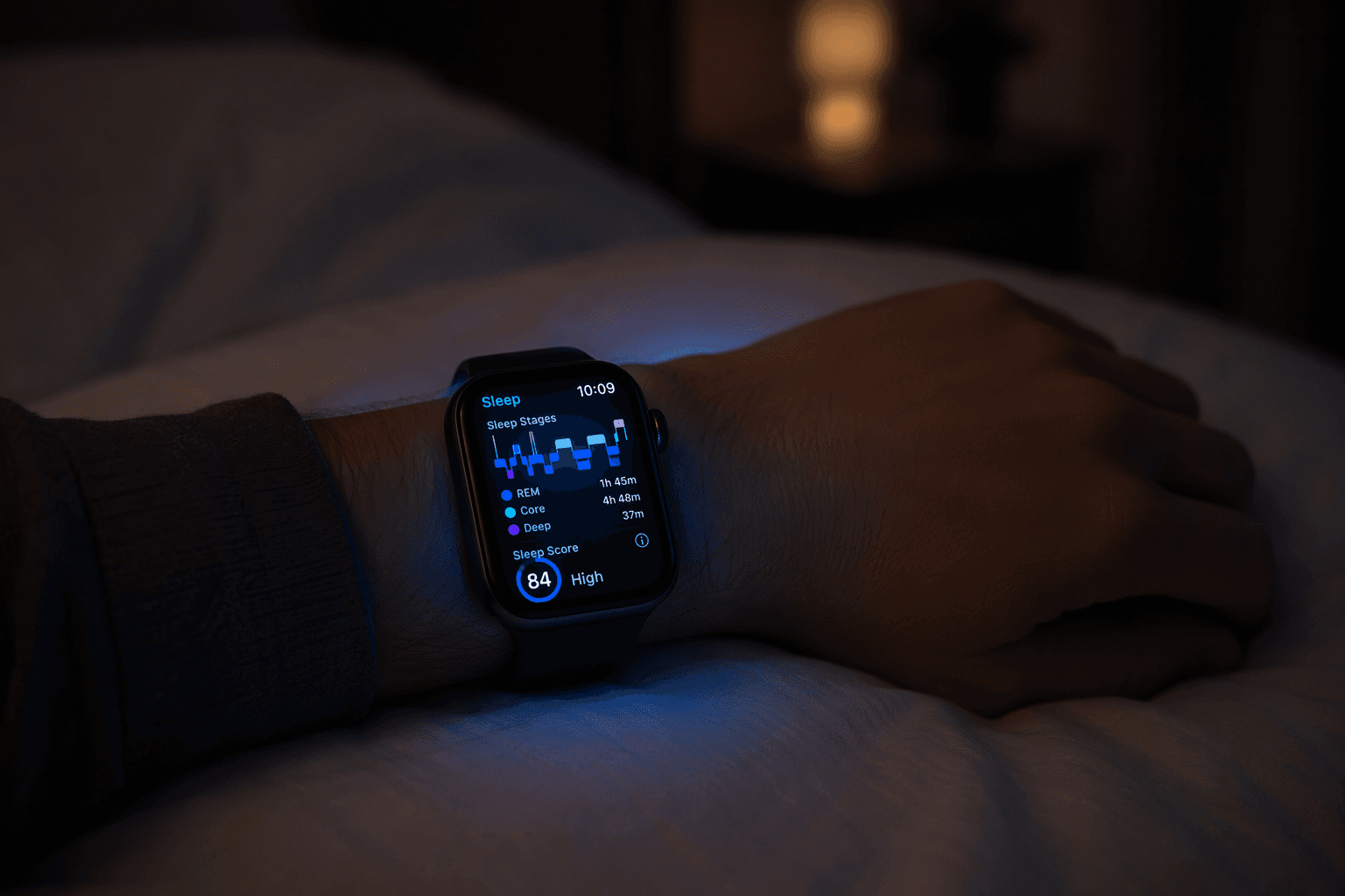 A dark bedroom scene at night with a person's wrist resting on a white pillow, an Apple Watch on the wrist displaying a color-banded sleep stage graph and Sleep Score number.
