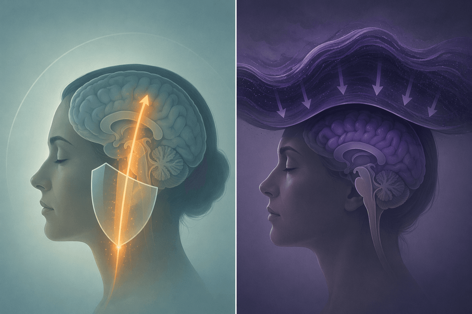 Medical illustration comparing orexin wakefulness blocking with traditional forced GABA sedation