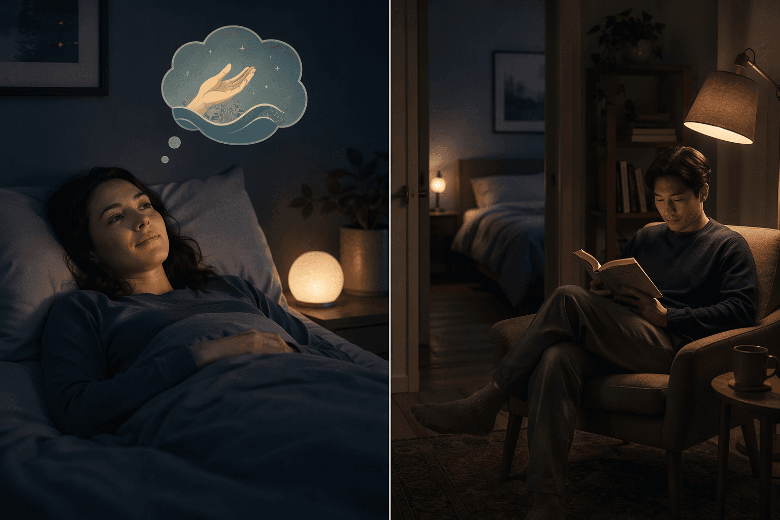 A split nighttime scene showing calm wakefulness in bed on one side and a person reading quietly in another room after getting out of bed on the other.