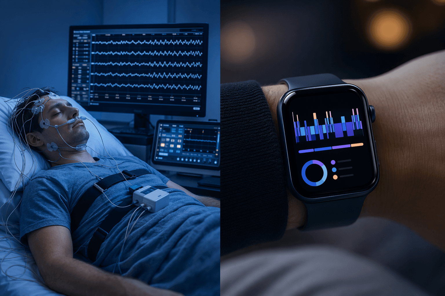 A split editorial image showing a clinical polysomnography lab contrasted with a modern smartwatch displaying sleep stage data.