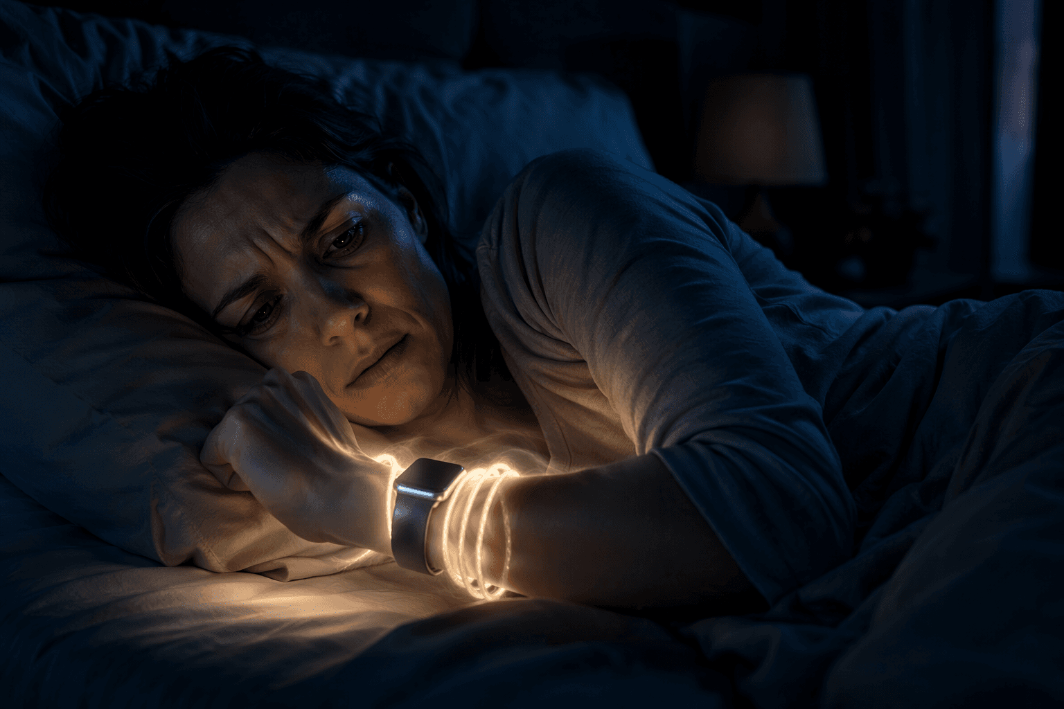A tense person lying awake in bed, lit by the glow of an Apple Watch on their wrist