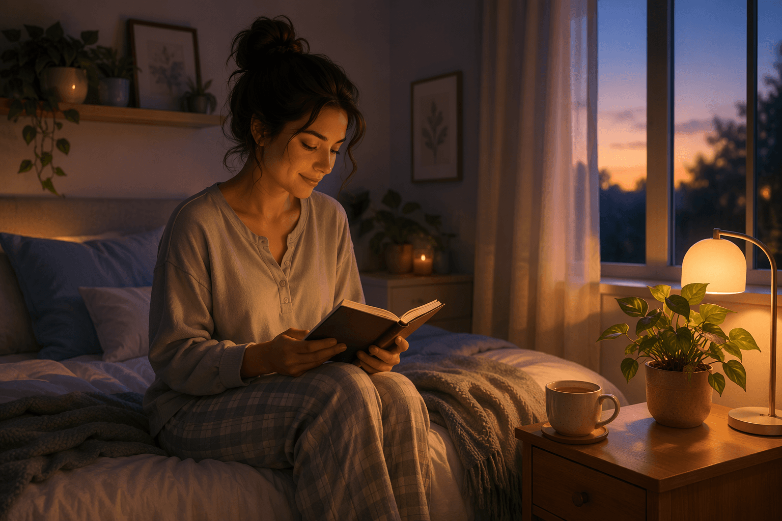 A person in comfortable sleepwear sits on the edge of a bed at dusk, holding an open journal in their hands, with a small plant and a cup of tea on the nightstand.