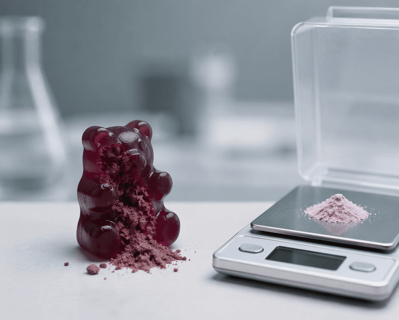 Melatonin gummy split open beside a laboratory scale, suggesting uncertainty about supplement dosing