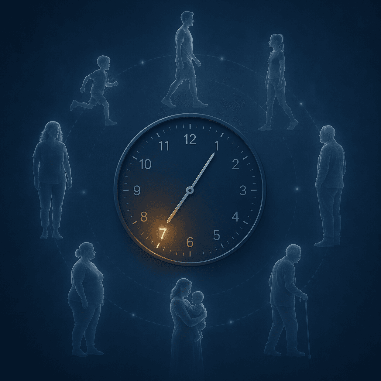 Analog clock highlighting seven hours with silhouettes of different adults around it