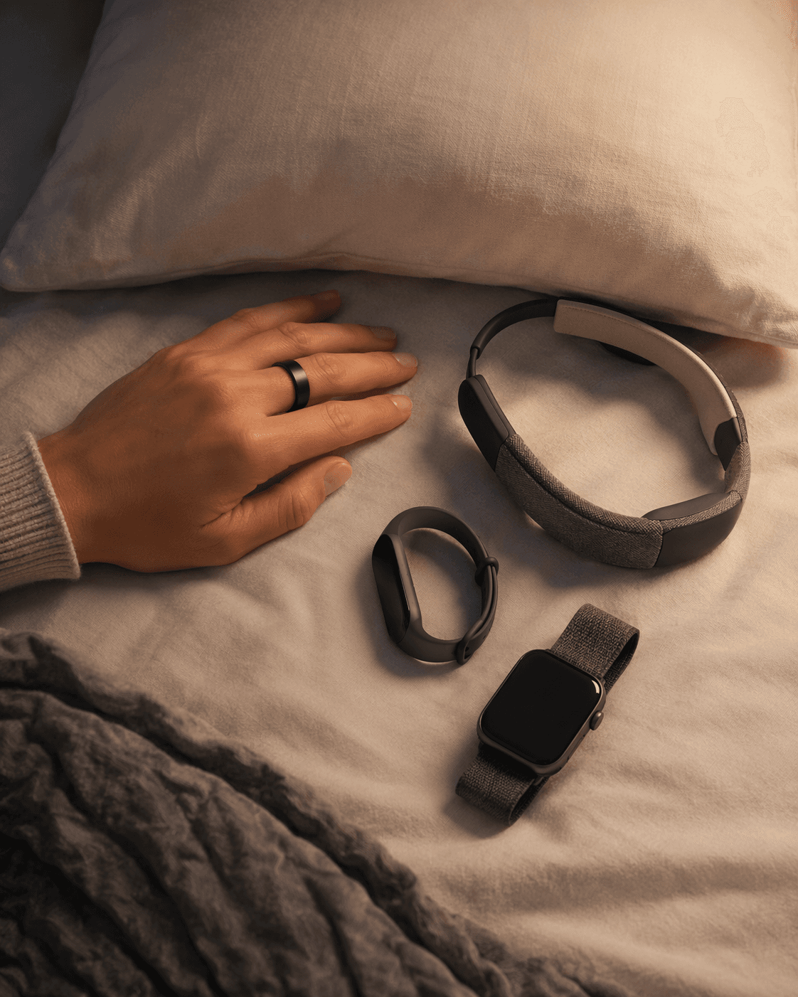 Four wearable sleep trackers arranged around a pillow on a softly lit bed at night