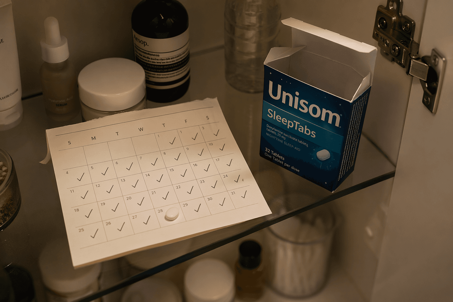 Bathroom medicine cabinet shelf with a tablet, a calendar marked over several weeks, and an open Unisom SleepTabs box