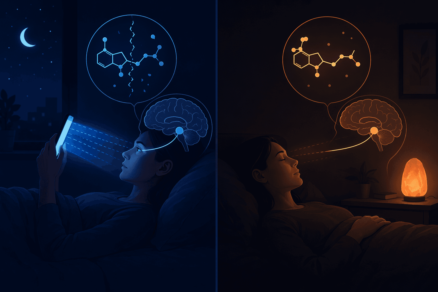 A side-by-side comparison of two nighttime light environments: left side shows blue light rays from a phone screen hitting a sleeper's eyes with a suppressed melatonin icon; right side shows a dark bedroom with warm dim light and an intact melatonin icon.