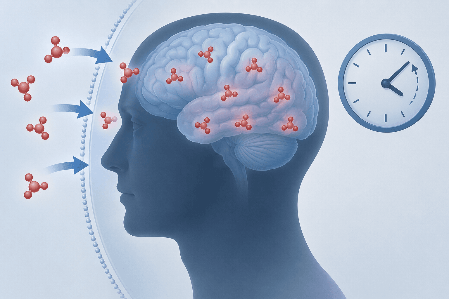 Molecules crossing the blood-brain barrier with a clock indicating persistence into the next morning.