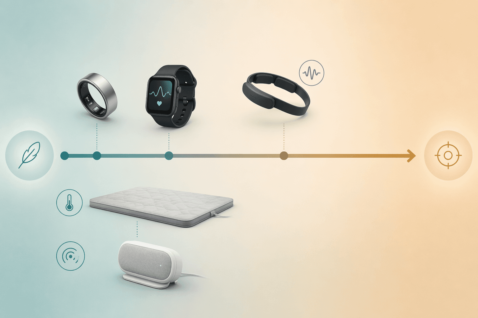 Comfort versus accuracy spectrum showing rings, smartwatches, EEG headbands, under-mattress mats, and bedside radar sleep monitors