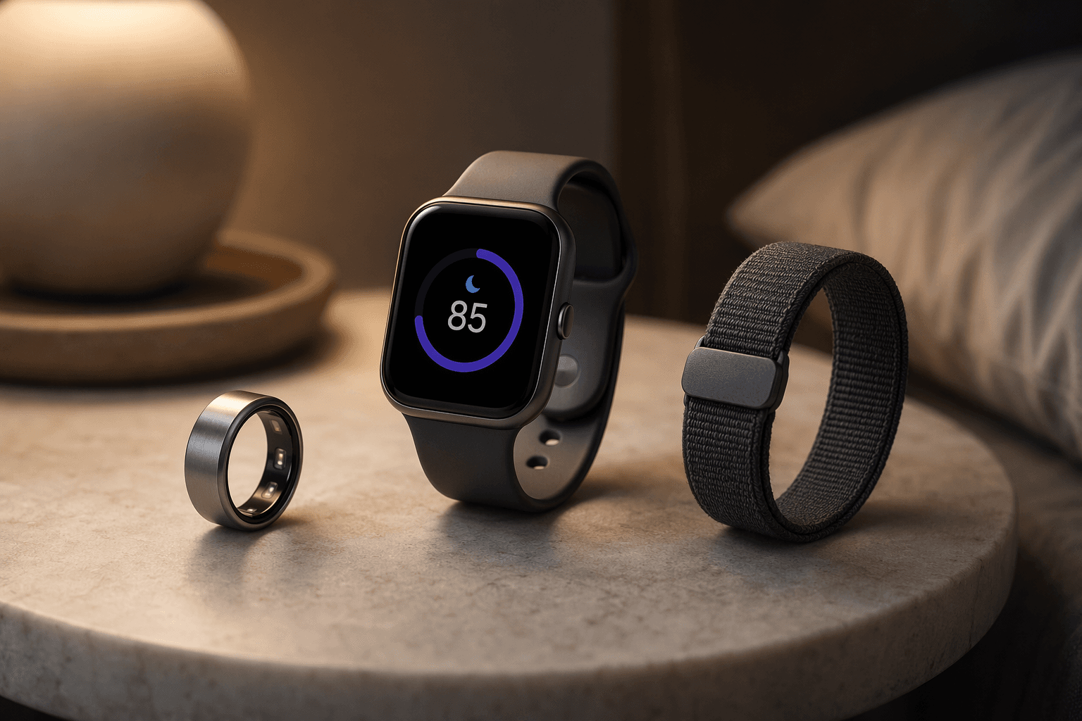 Smart ring, smartwatch, and fabric wrist band arranged for comparison