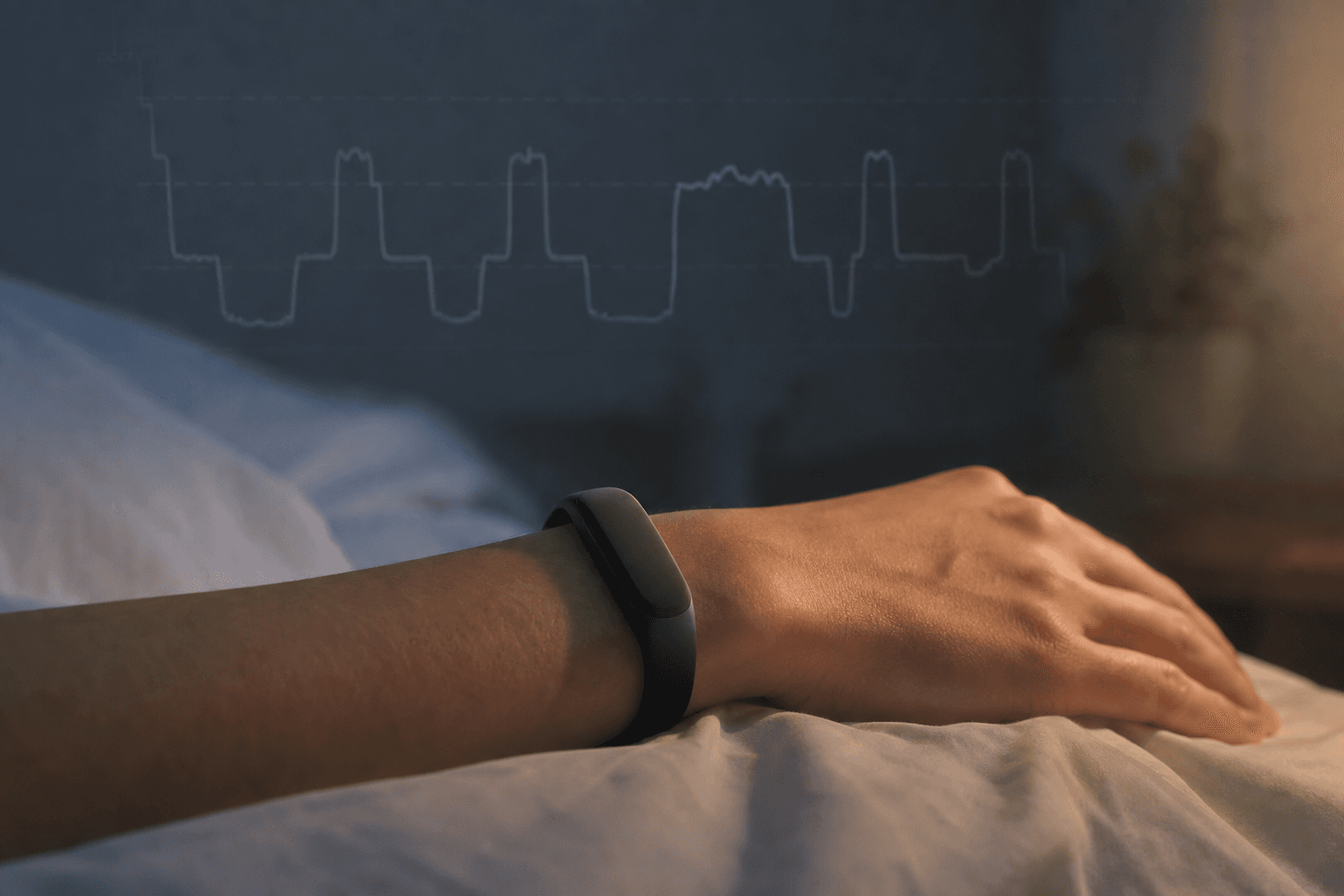 Close-up of a wrist wearing a slim fitness band resting on white bed sheets in a dark bedroom with warm ambient light and a faint sleep hypnogram wave in the background.