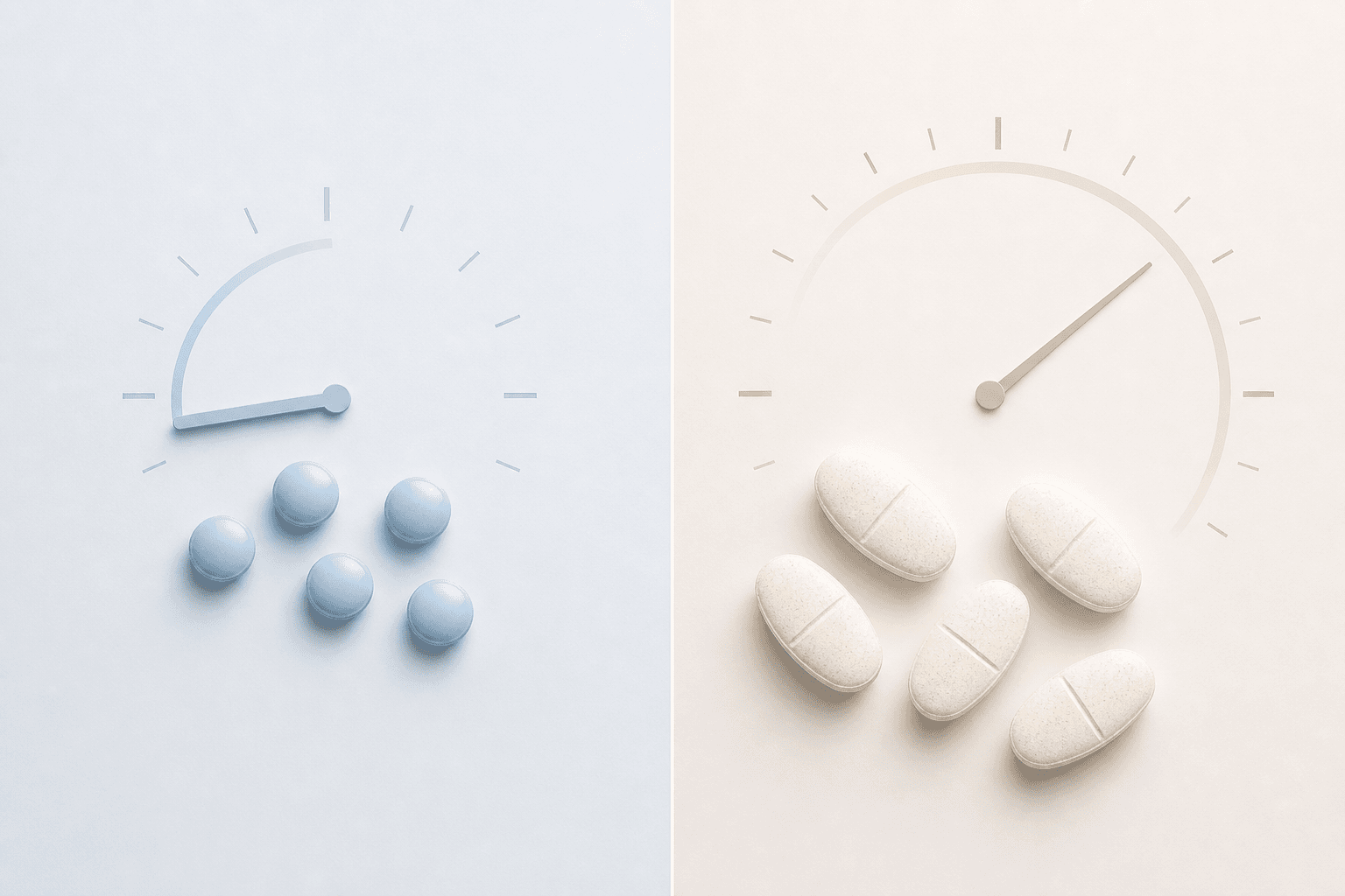 Split flat-lay composition showing blue capsule pills on the left with a short clock arc suggesting shorter duration, and cream-colored tablets on the right with a longer clock arc suggesting longer duration.