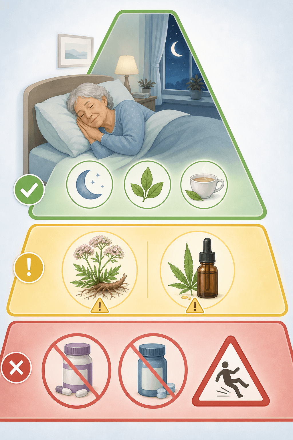 A three-tier pyramid illustration showing safer sleep aids at the top and medications to avoid at the bottom.