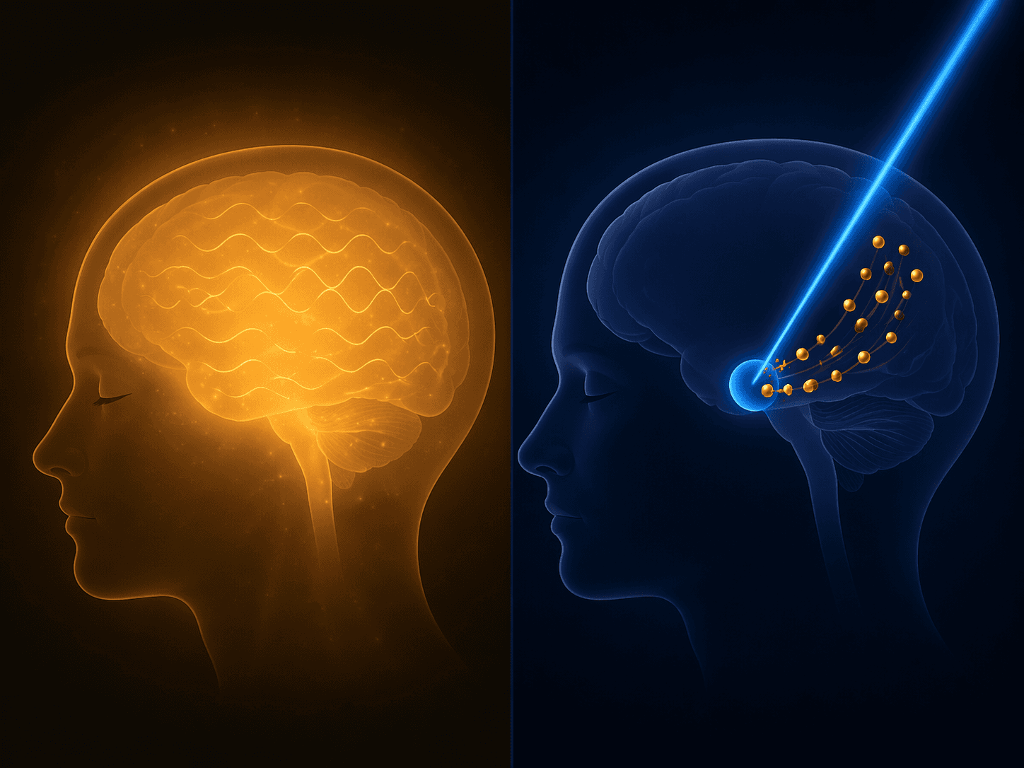 A split brain illustration contrasting broad GABA sedation with targeted orexin blockade by DORAs.
