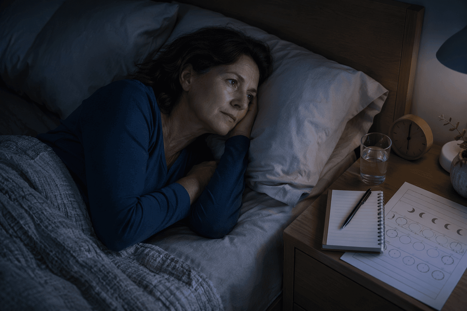 A woman in her late 40s lying awake beside structured therapy worksheets instead of a pill bottle