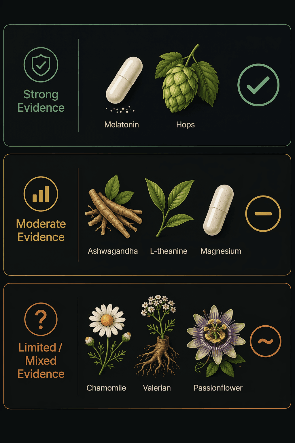 Three horizontal bands showing strong, moderate, and limited or mixed evidence for sleep remedies.