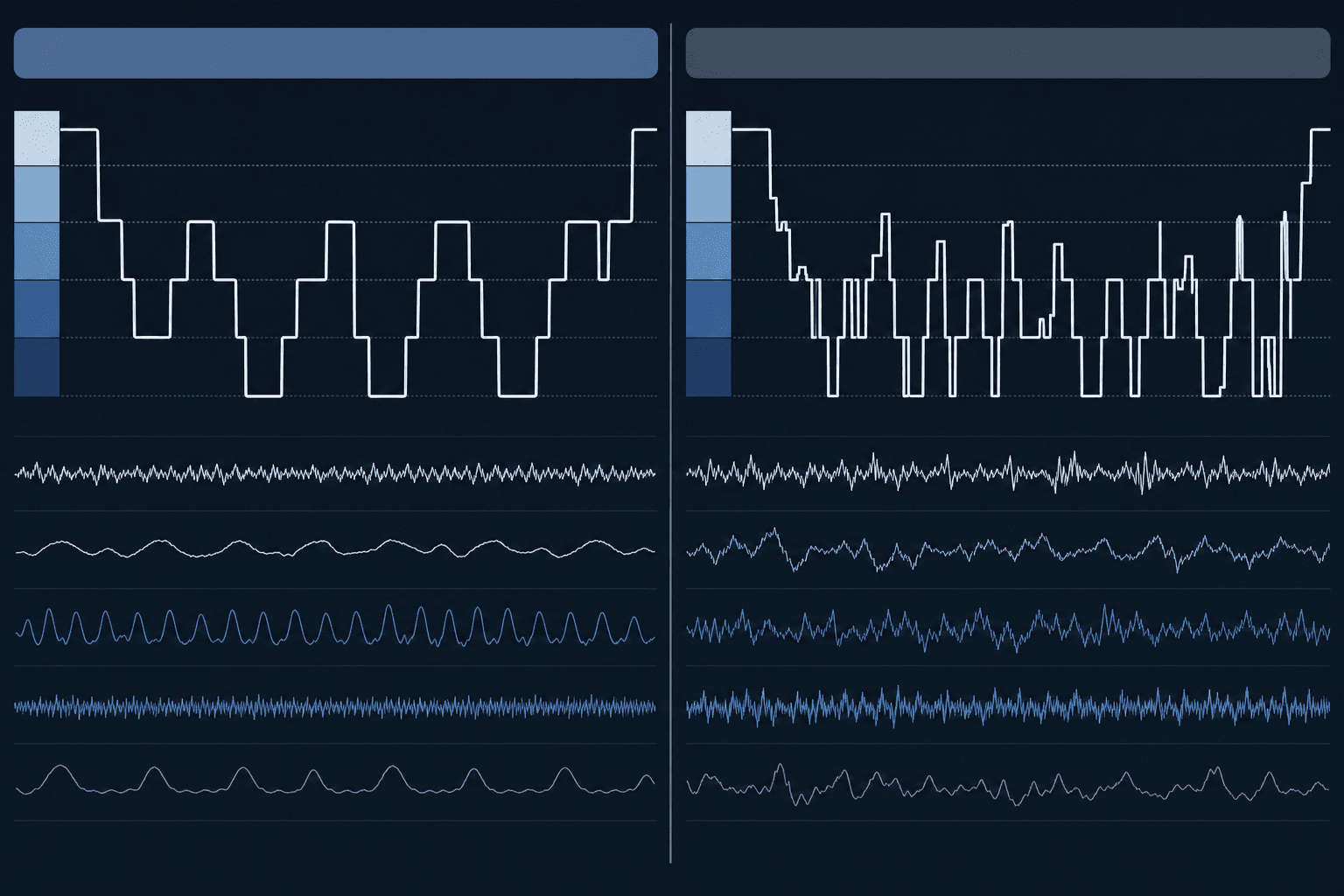 A split-panel diagram showing smooth sleep stage waveforms on the left representing healthy adult accuracy, and fragmented irregular waveforms on the right representing degraded accuracy in clinical populations.