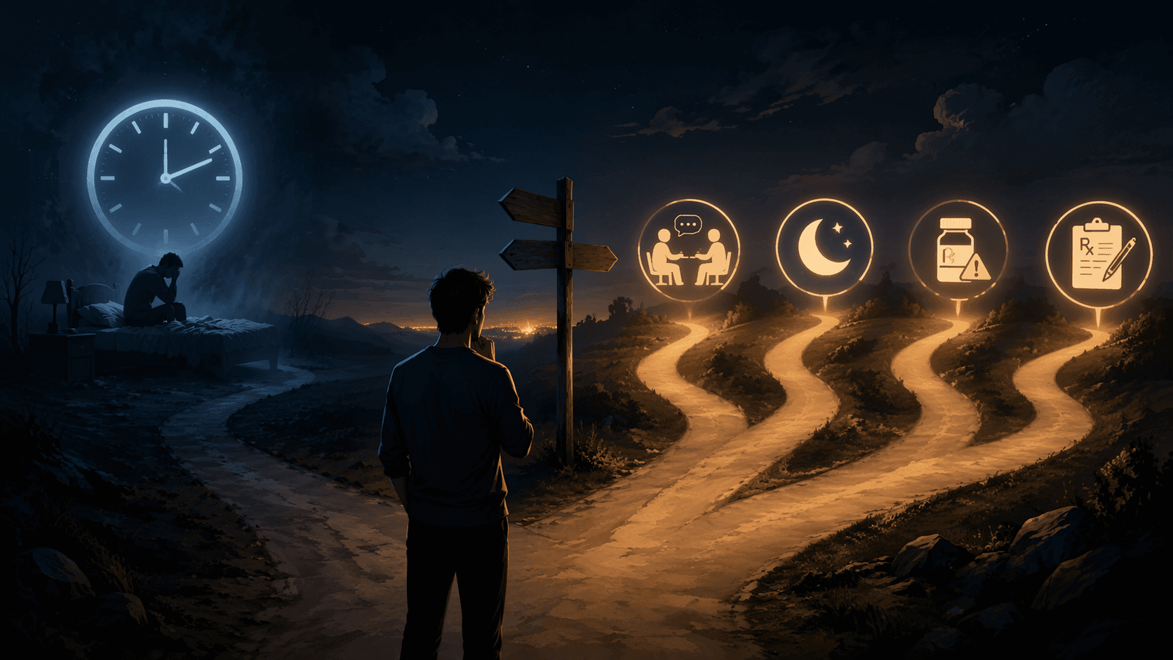 A person stands at a nighttime crossroads with paths marked for therapy, circadian timing, caution with pill bottles, and prescription treatment.