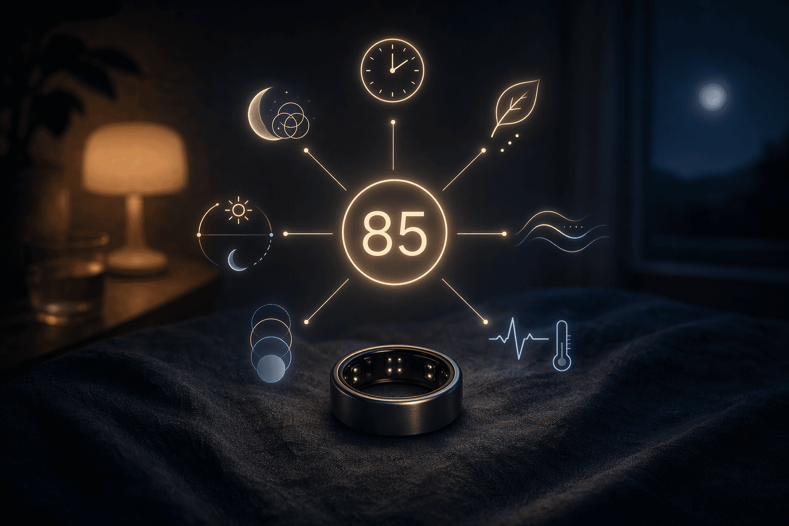 Oura-style ring with a glowing sleep score connected to seven sleep contributor icons