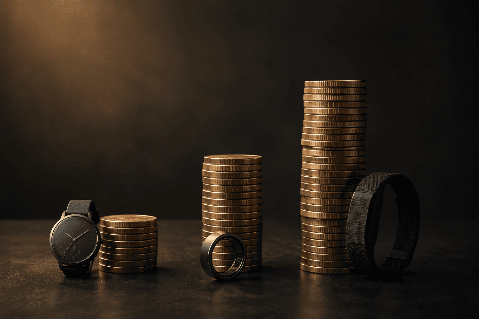 Coin stacks comparing three-year costs for a watch, ring, and band