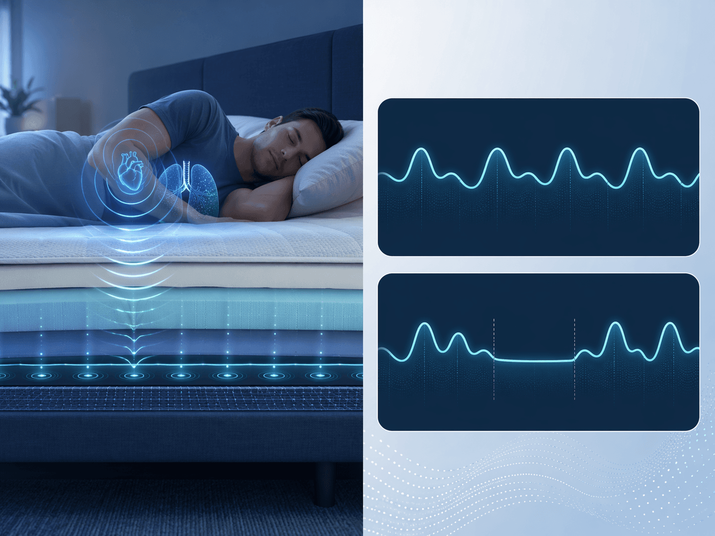 Illustration of mattress sensors capturing breathing and heartbeat vibrations with normal and disrupted waveform examples