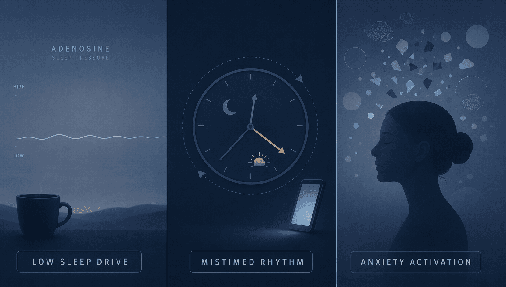 A split-panel illustration showing three sleep profile scenarios: Low Sleep Drive (flat wave line with coffee cup), Mistimed Rhythm (clock with misaligned arrows and phone emitting blue light), and Anxiety Activation (head silhouette with scattered thought fragments).