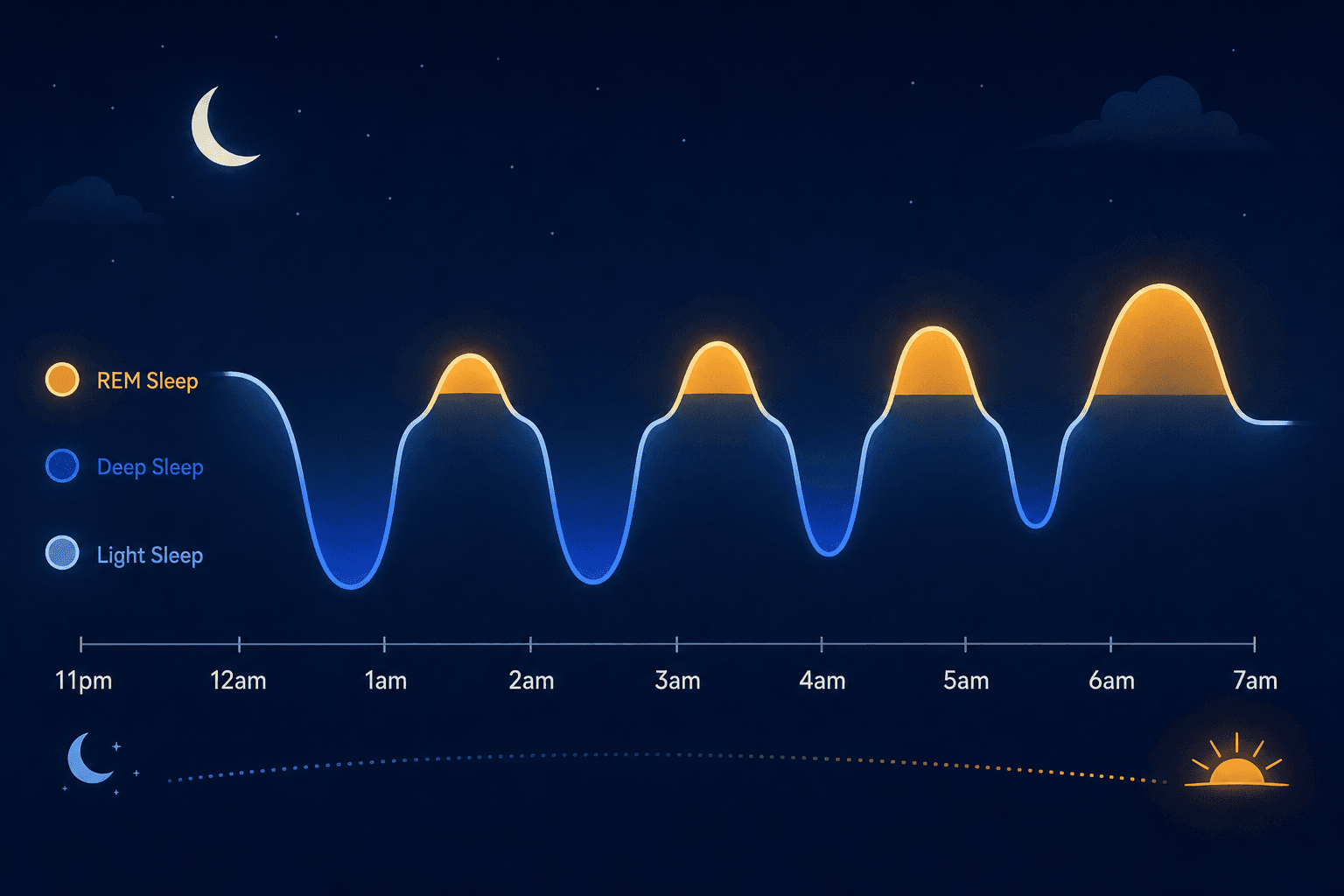 A stylized diagram of a human sleep cycle across a single night, showing alternating waves of deep slow-wave sleep, REM sleep, and light sleep cycling from evening to morning.