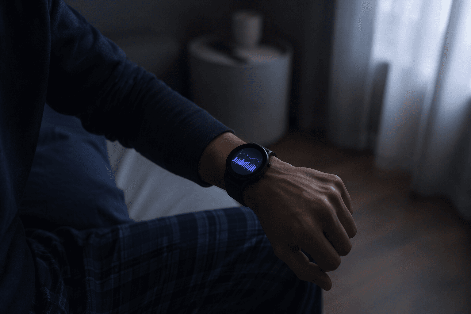 Person sitting on the edge of a bed in a dim morning bedroom looking at a smartwatch