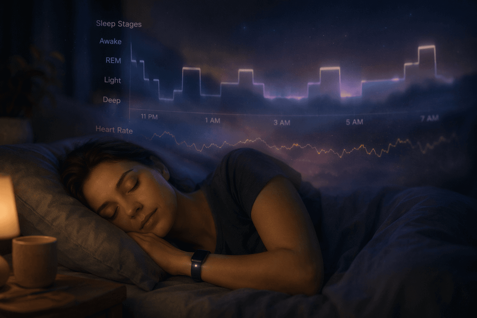 A serene nocturnal bedroom scene with a person sleeping peacefully on their side, wearing a smart watch with a soft green PPG glow. Floating above them is a translucent, dreamlike hypnogram wave with sleep stage labels (light, deep, REM) and subtle heart rate rhythm lines.