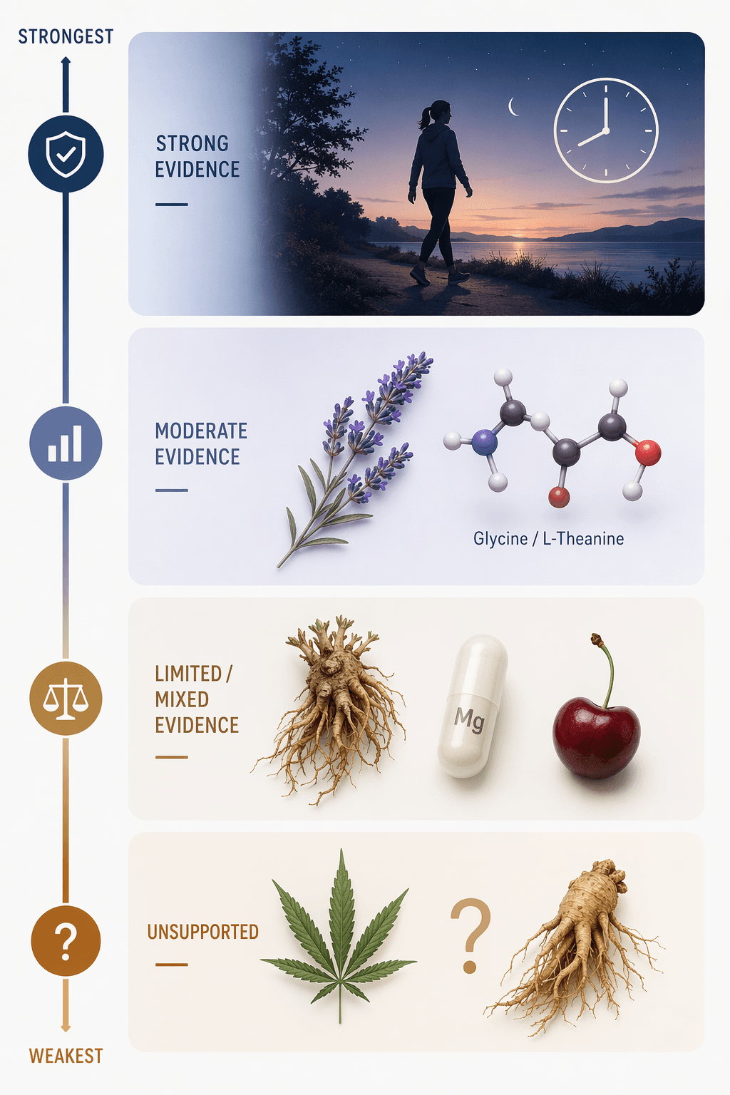 Four-tier evidence framework for sleep remedies from strong behavioral evidence to unsupported options