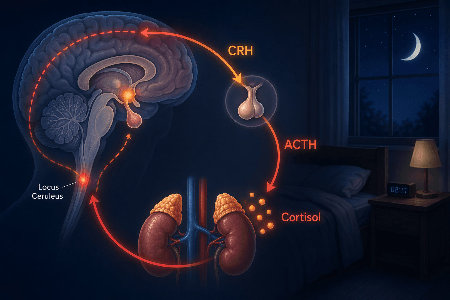 A diagram of the HPA axis and autonomic arousal loop with the hypothalamus, pituitary, locus ceruleus, and cortisol feedback shown in nighttime tones.