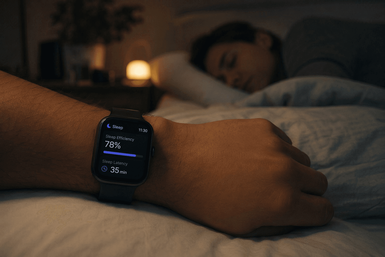 A sleep tracking watch showing 78% sleep efficiency and 35 minutes sleep latency on a wrist resting on bedsheets