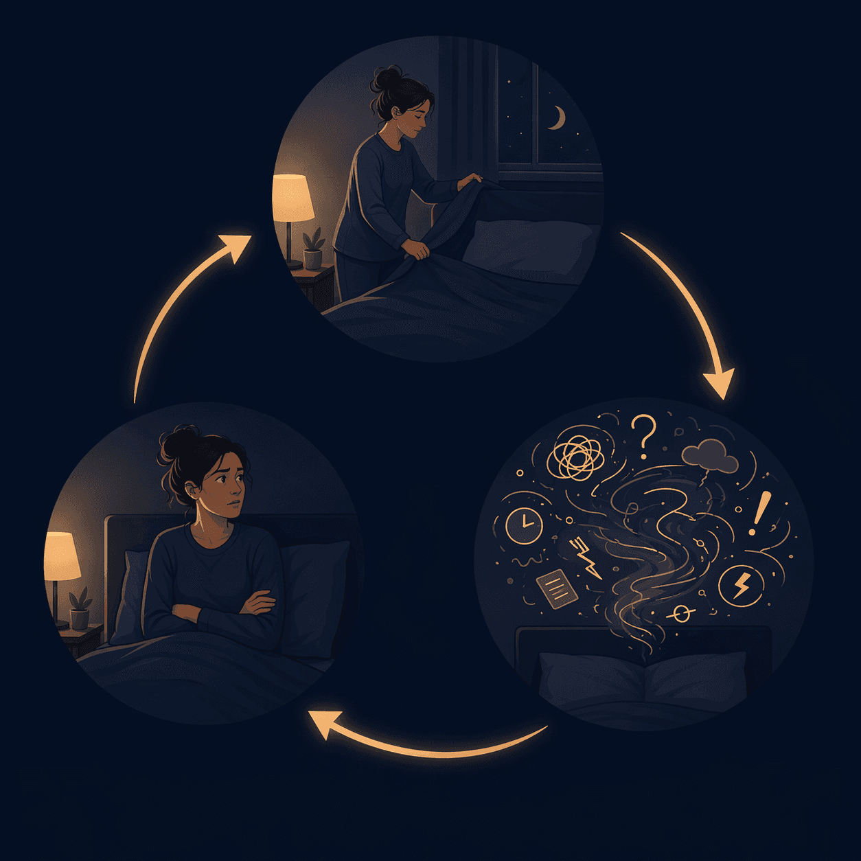 A circular diagram showing the bed-worry loop from getting into bed to rising tension and back again.