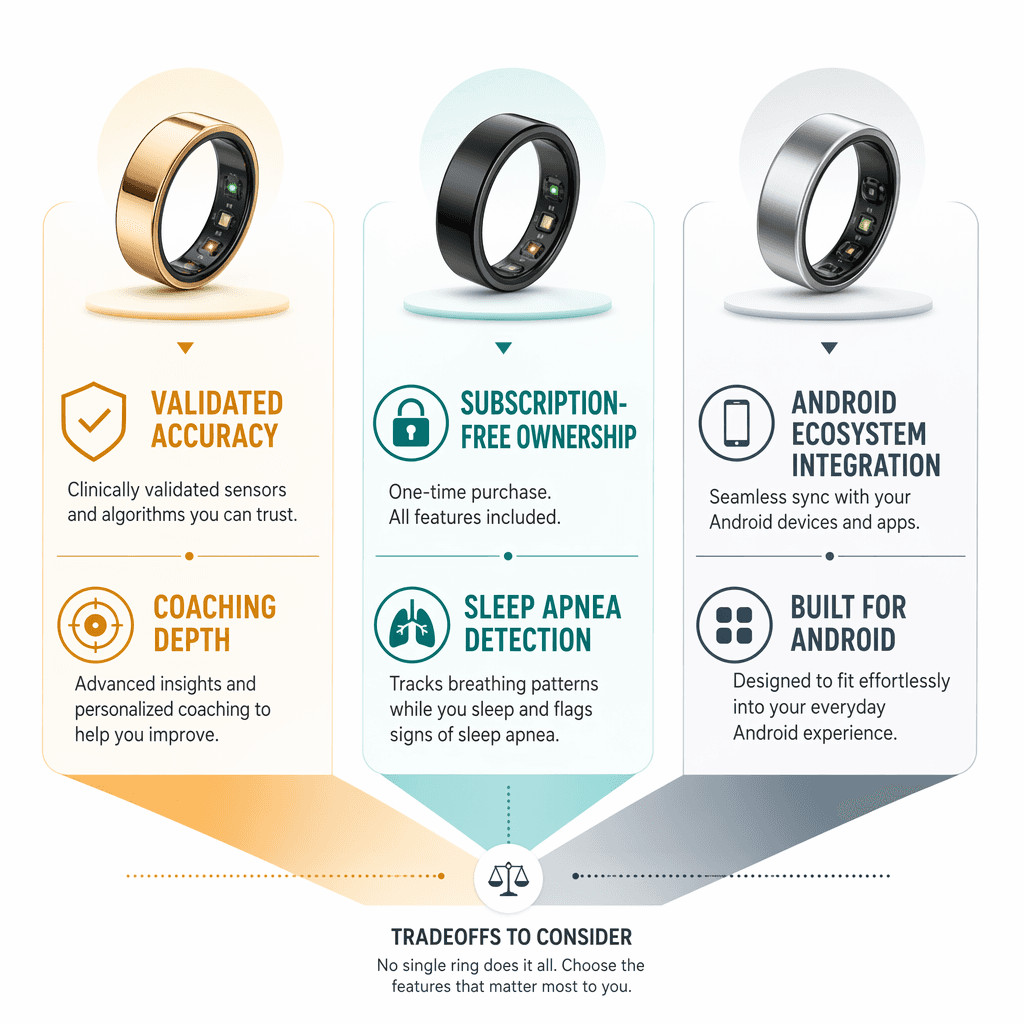 Three-column editorial comparison layout showing three ring choices with different emphasis: validated accuracy, subscription-free apnea detection, and ecosystem integration.