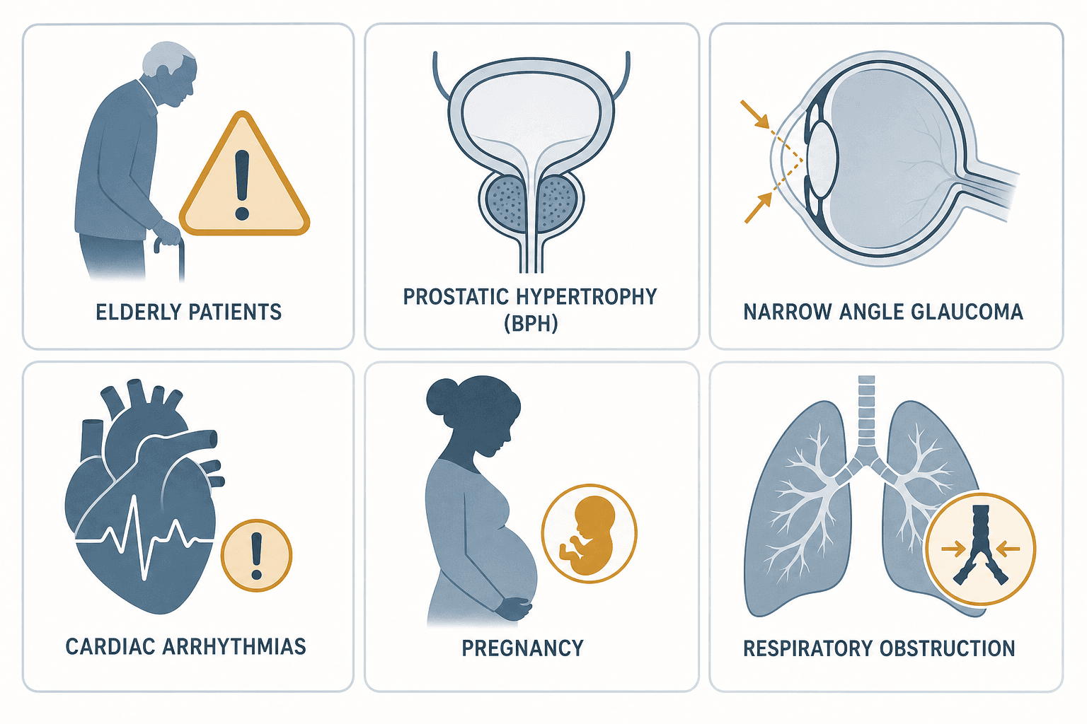 A grid of six minimalist silhouette icons representing at-risk populations: an elderly person, bladder anatomy, a narrow-angle eye cross-section, a heart with a rhythm line, a pregnant figure, and lungs with an airway marker.
