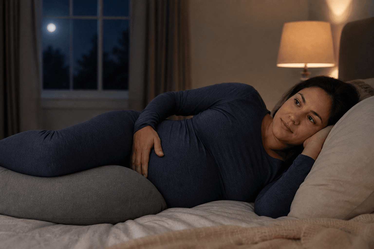 A pregnant woman in her third trimester lies on her side in a dimly lit bedroom at night, awake and looking thoughtfully toward a window with soft moonlight filtering through, a pregnancy pillow supporting her abdomen.