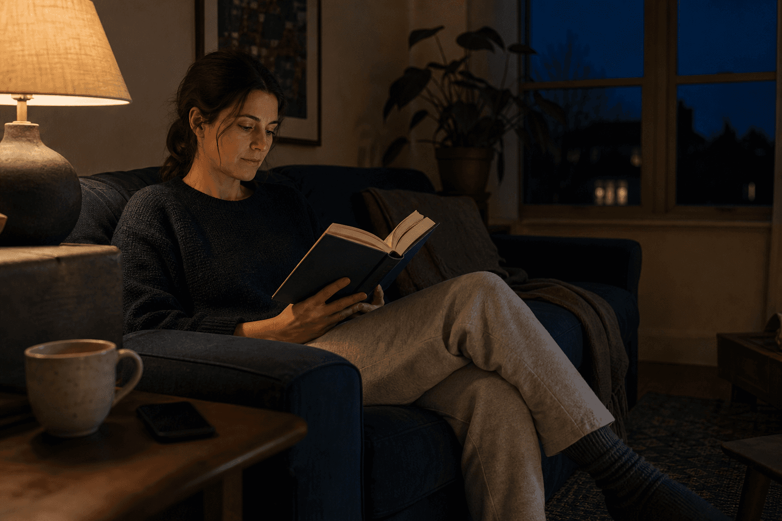 A woman in her mid-30s reads a physical book on a sofa in a dimly lit living room, with a warm amber lamp, herbal tea, and a face-down phone nearby.