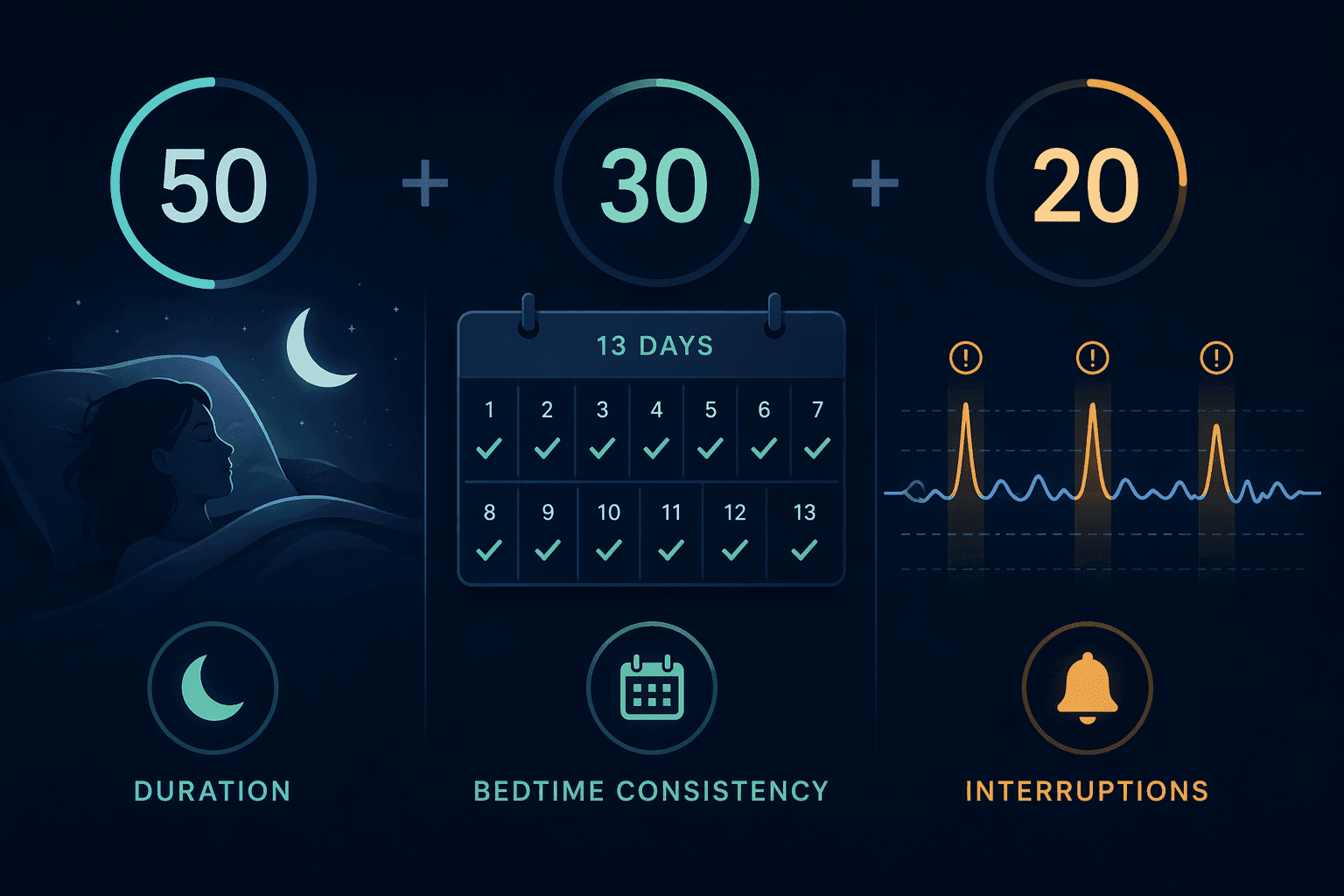 Infographic showing sleep score components for duration, 13-day bedtime consistency, and interruptions