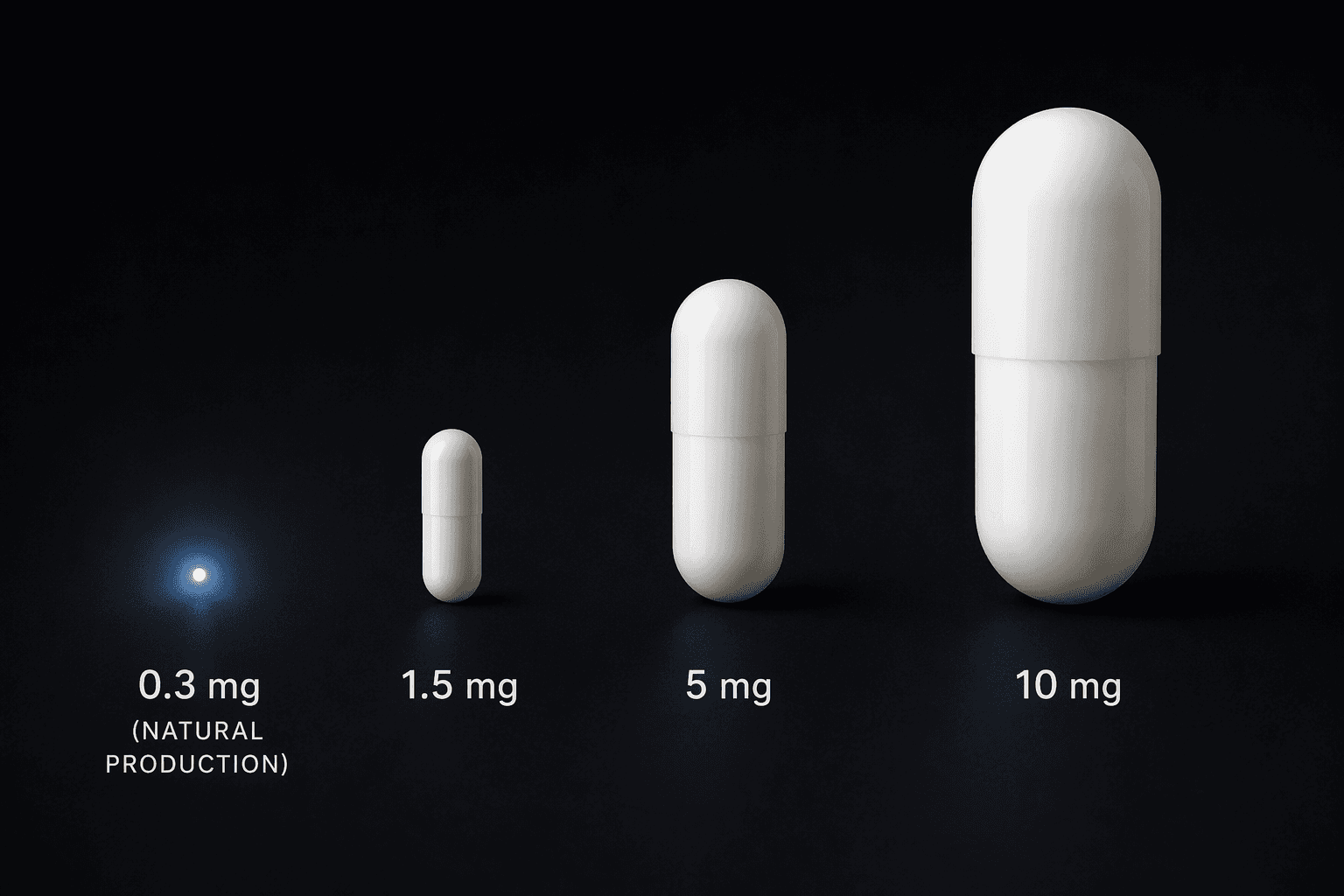 Dose-scale comparison of natural 0.3 mg melatonin production beside 1.5 mg, 5 mg, and 10 mg amounts