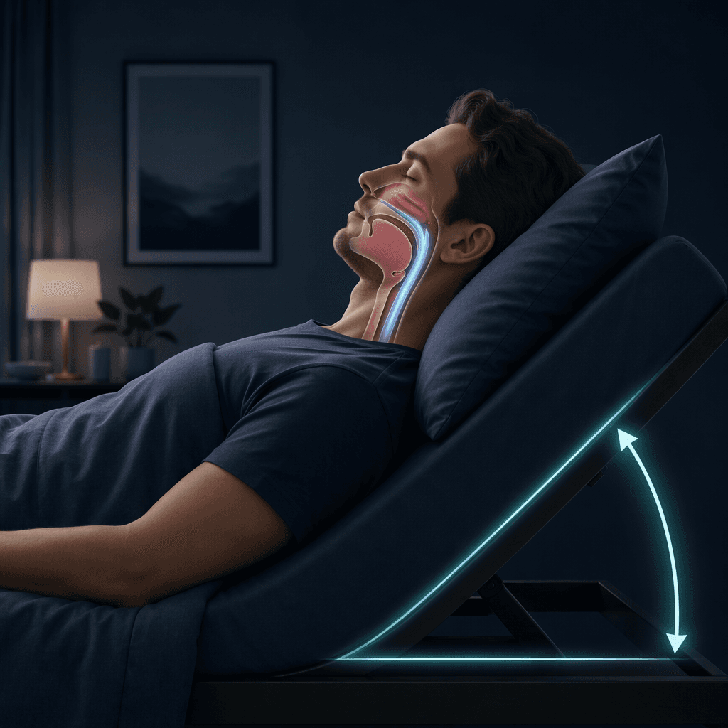 Person sleeping with the head elevated and airway open