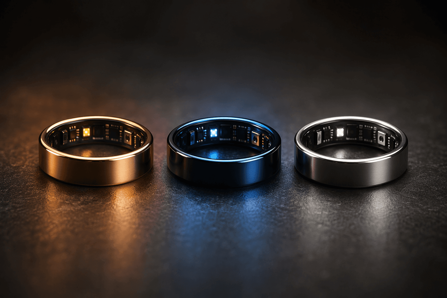 Three metallic smart rings resting side by side on a dark matte surface, each lit in a different tone to suggest three product choices.