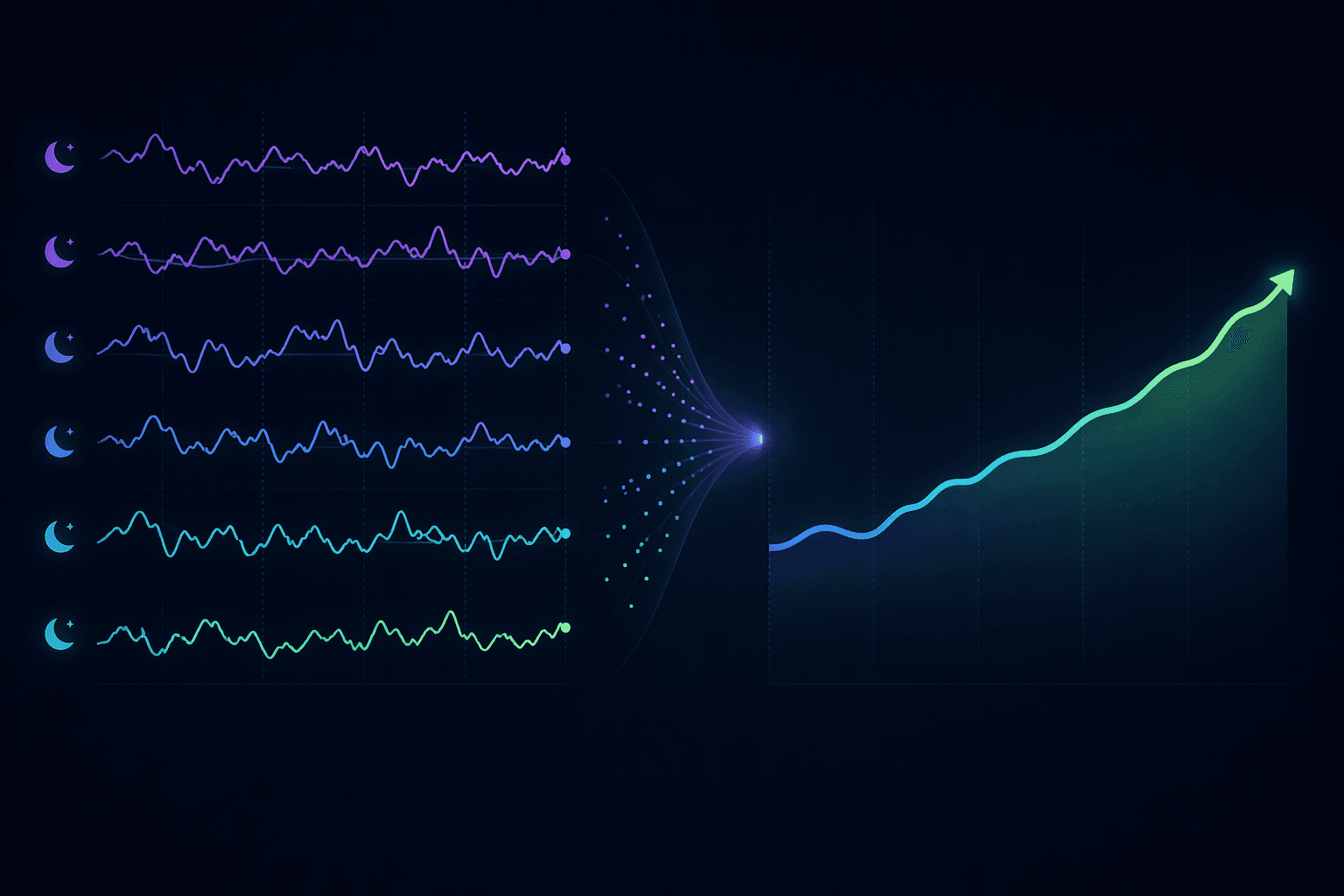 Several unreliable nightly sleep graphs merging into a smoother weekly trend line