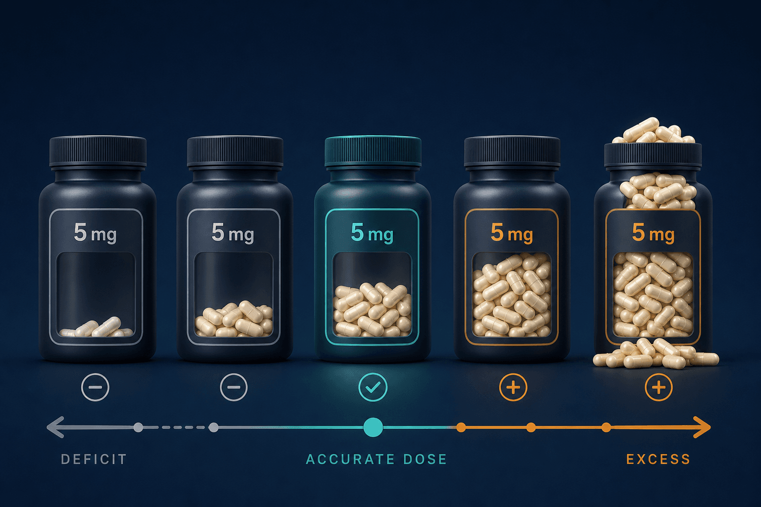 Five supplement containers labeled 5 mg with dramatically different actual fill levels, illustrating wide variability between labeled and actual melatonin doses.
