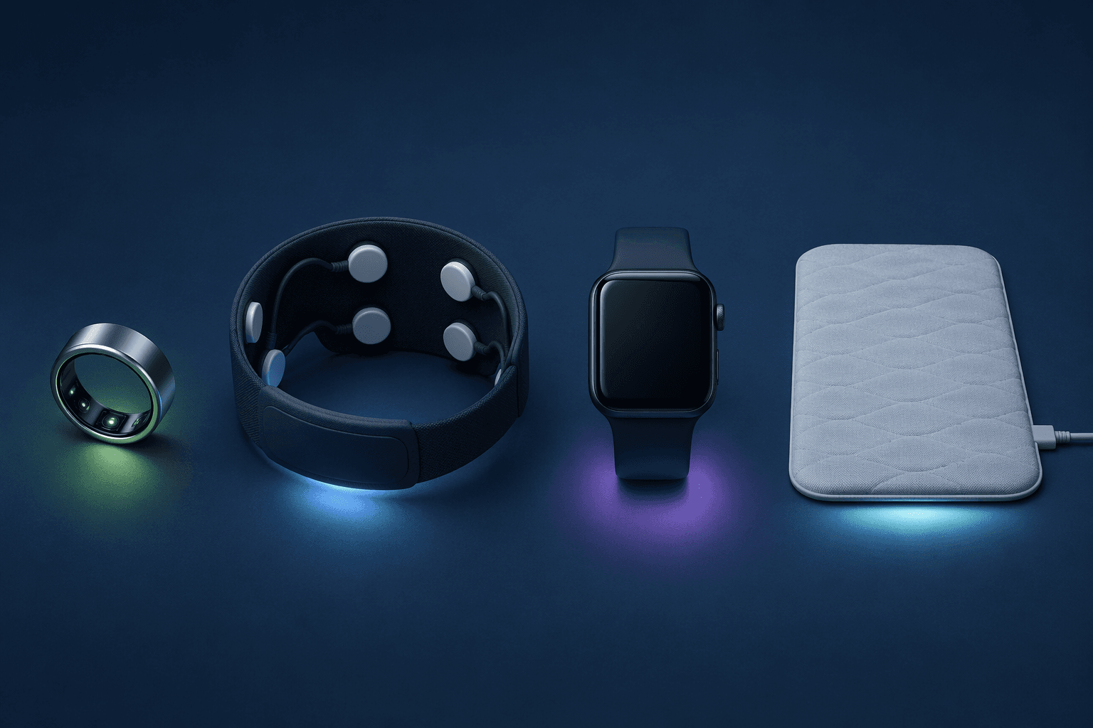 A smart ring, EEG headband, smartwatch, and under-mattress sleep pad shown side by side