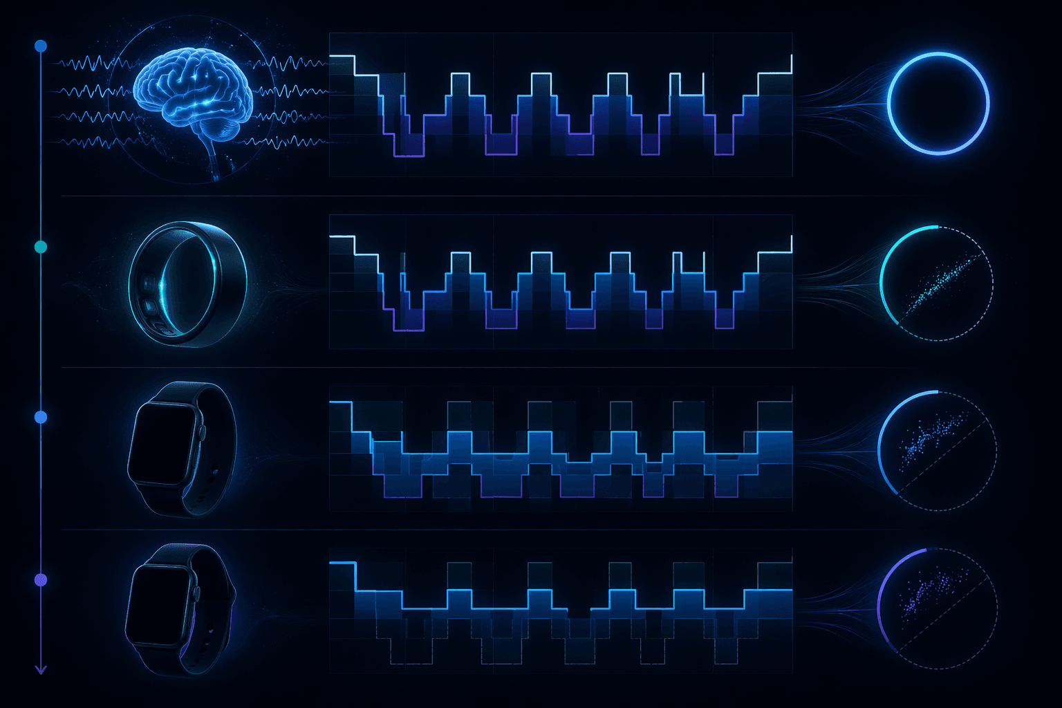 A comparison visual showing a PSG gold standard, a closely aligned ring device, and two smartwatches with increasing sleep-stage misalignment.