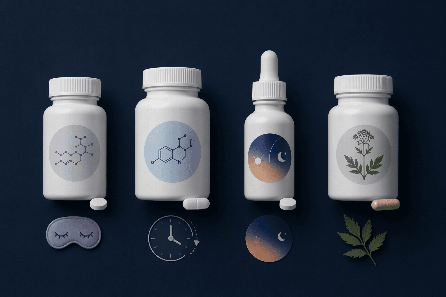 Four OTC sleep ingredient containers representing diphenhydramine, doxylamine, melatonin, and valerian