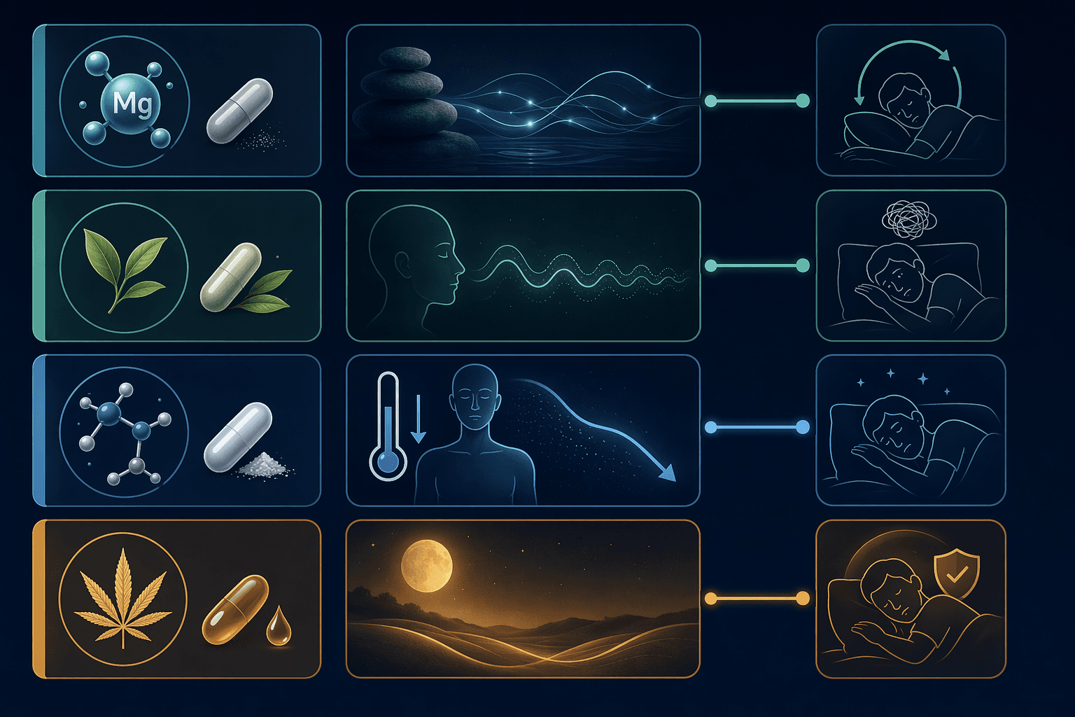 Decision-map comparison of magnesium glycinate, L-theanine, glycine, and CBN matched to different sleep complaints